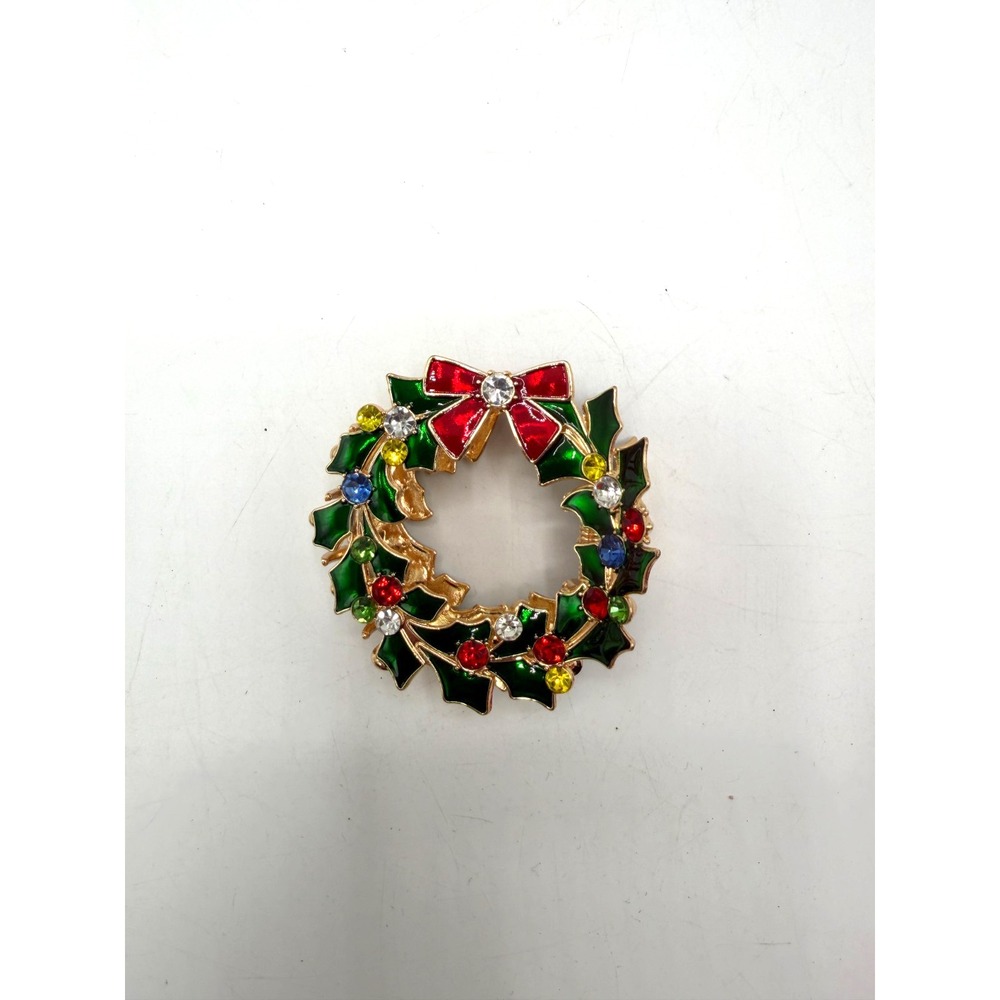 Christmas Wreath Hair Claw Clip Green Enamel Rhinestone Red Bow Gold Tone